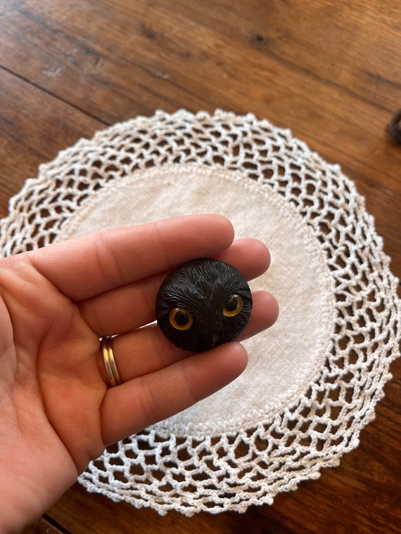 Antique Black Forest Carved Owl Pin, Wooden, Glas… - image 5