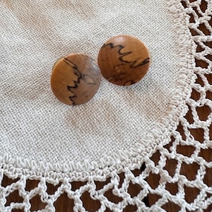 Vintage Spalted Maple Wood Earrings, Round, Handmade, Jewelry, 1980s