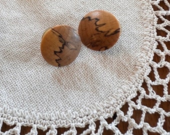 Vintage Spalted Maple Wood Earrings, Round, Handmade, Jewelry, 1980s