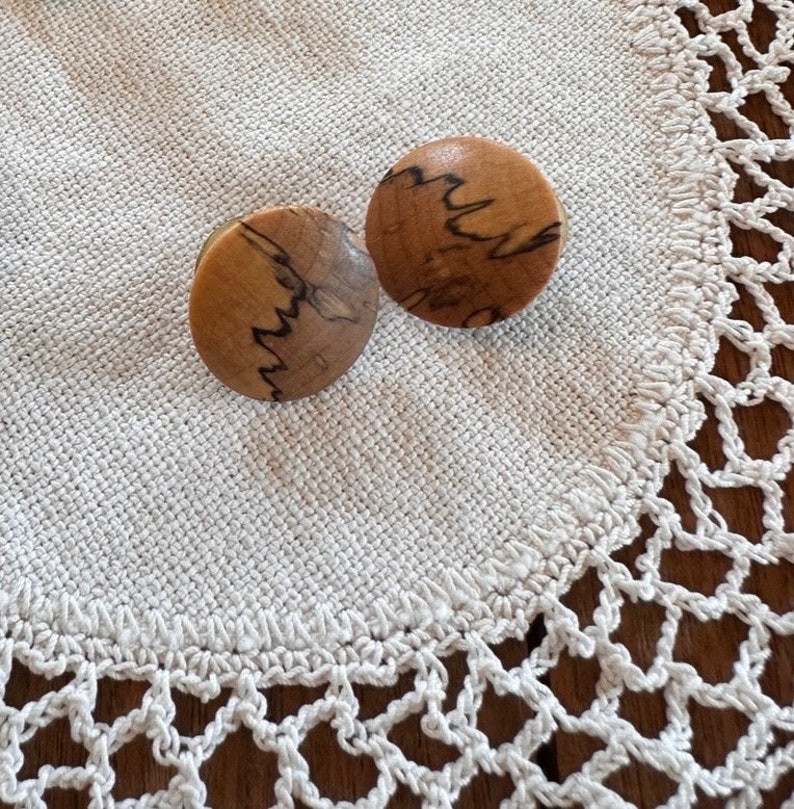 Vintage Spalted Maple Wood Earrings, Round, Handmade, Jewelry, 1980s image 1