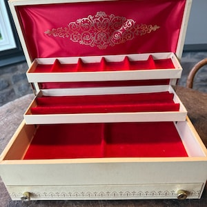 Vintage Cream Jewelry Box, Red Velveteen Lining, Two Inner Shelves, Bottom Drawer, Lidded, Jewelry Box, 1960s