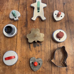 Vintage Cookie Cutters, Biscuit/Donut Cutters, Aluminum, Green and Red Wood & Metal Handles, Cookies, Baking, Christmas Cookie, 1950s