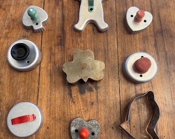 Vintage Cookie Cutters, Biscuit/Donut Cutters, Aluminum, Green and Red Wood & Metal Handles, Cookies, Baking, Christmas Cookie, 1950s