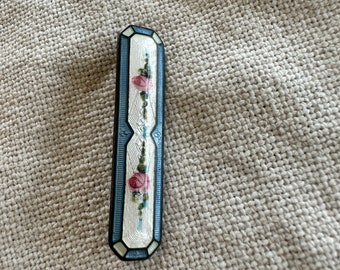 Vintage Rose Guilloche Pin, Sterling Silver, Floral, Blue and White, Pink Rose, Jewelry, 1930s
