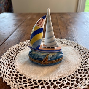 Vintage Sailboat Limoges, Hand painted Porcelain Trinket Box, Blue Design Painting on Inside, Made in France, 1970s