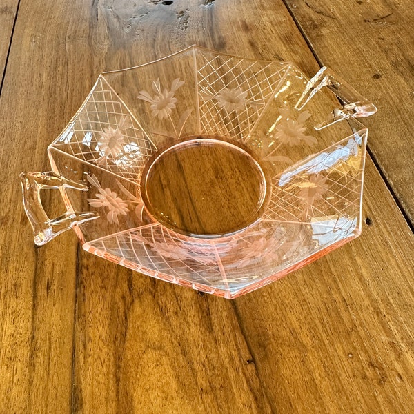 Antique Heisey Glass Octagon Jelly, Flamingo Color, Floral Cutting, Two Handled