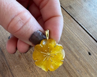 Vintage Yellow Glass Floral Pendant, 14 Karat Gold Setting, Pendant, Jewelry, 1980s