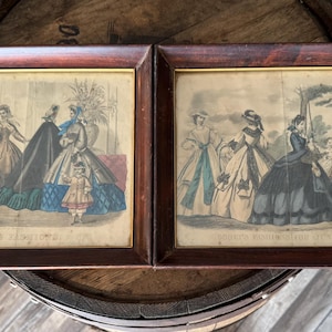 Antique Godey&#39;s Fashion Lithographs, Victorian, Framed Prints, Set of Two, Partial Color, Wood Frame, June 1863