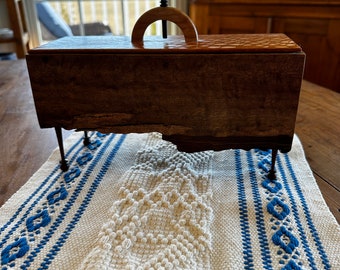 Vintage Hand-Made Wooden Box, Raw Edge Wood, Lacewood, Art Deco, Spindle Legs, Lidded, Jewelry Box, 1980s