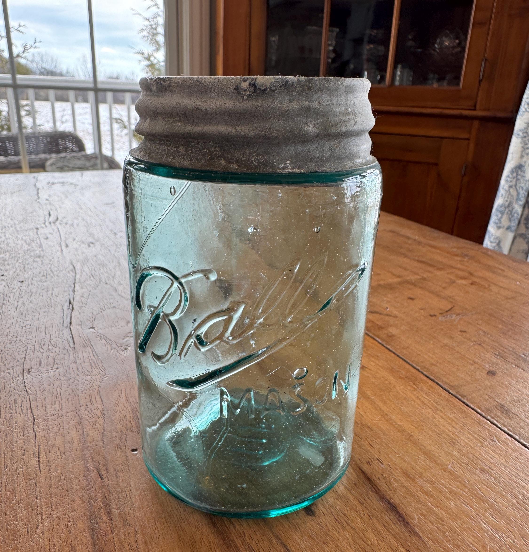Antique Ball Jar, Blue Glass, Zinc Lid, Triple L, Made in USA