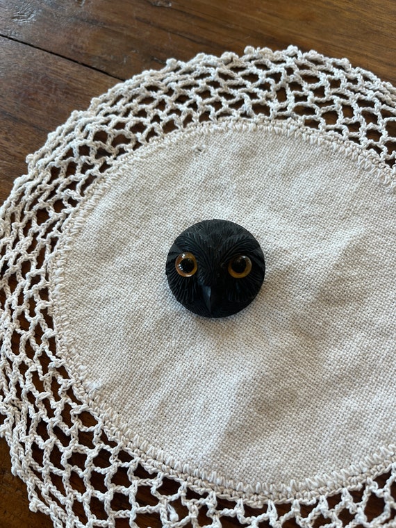 Antique Black Forest Carved Owl Pin, Wooden, Glas… - image 1