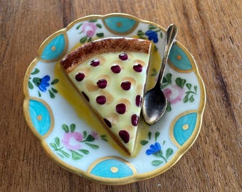Vintage Limoges Cherry Pie on Plate, Hand Painted Porcelain Trinket Box, Made in France, 1980s