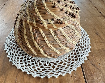 Vintage Woven Grass Basket, Lidded, Woven Design, Handmade, 1970s