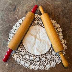 Antique Wooden Rolling Pins, Natural Wood, Red Handles, Sold Individually, Spin Smoothly, Retro, Kitchen, Wood Kitchen Tools, 1930s