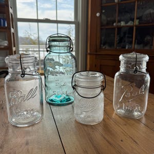 Antique Glass Canning Jars, Blue and Clear Glass, Glass Lids, Wire Bails, Sold Individually or as SetMade in USA, 1920s-1960s