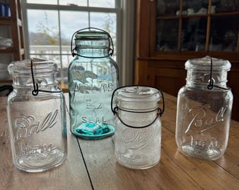 Antique Glass Canning Jars, Blue and Clear Glass, Glass Lids, Wire Bails, Sold Individually or as SetMade in USA, 1920s-1960s