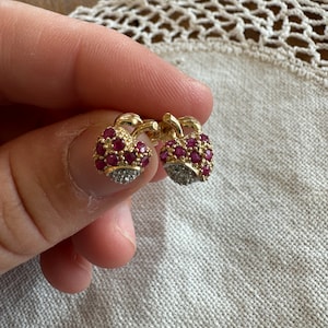 Vintage Ruby, Diamond and Gold Apple Earrings, 14 Kt Gold, Post Earrings, Apple Design, Jewelry, 1980s