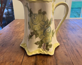 Vintage Hand Painted Ceramic Pitcher, Floral, Handmade, Made in USA, Erwin, TN, 1940s