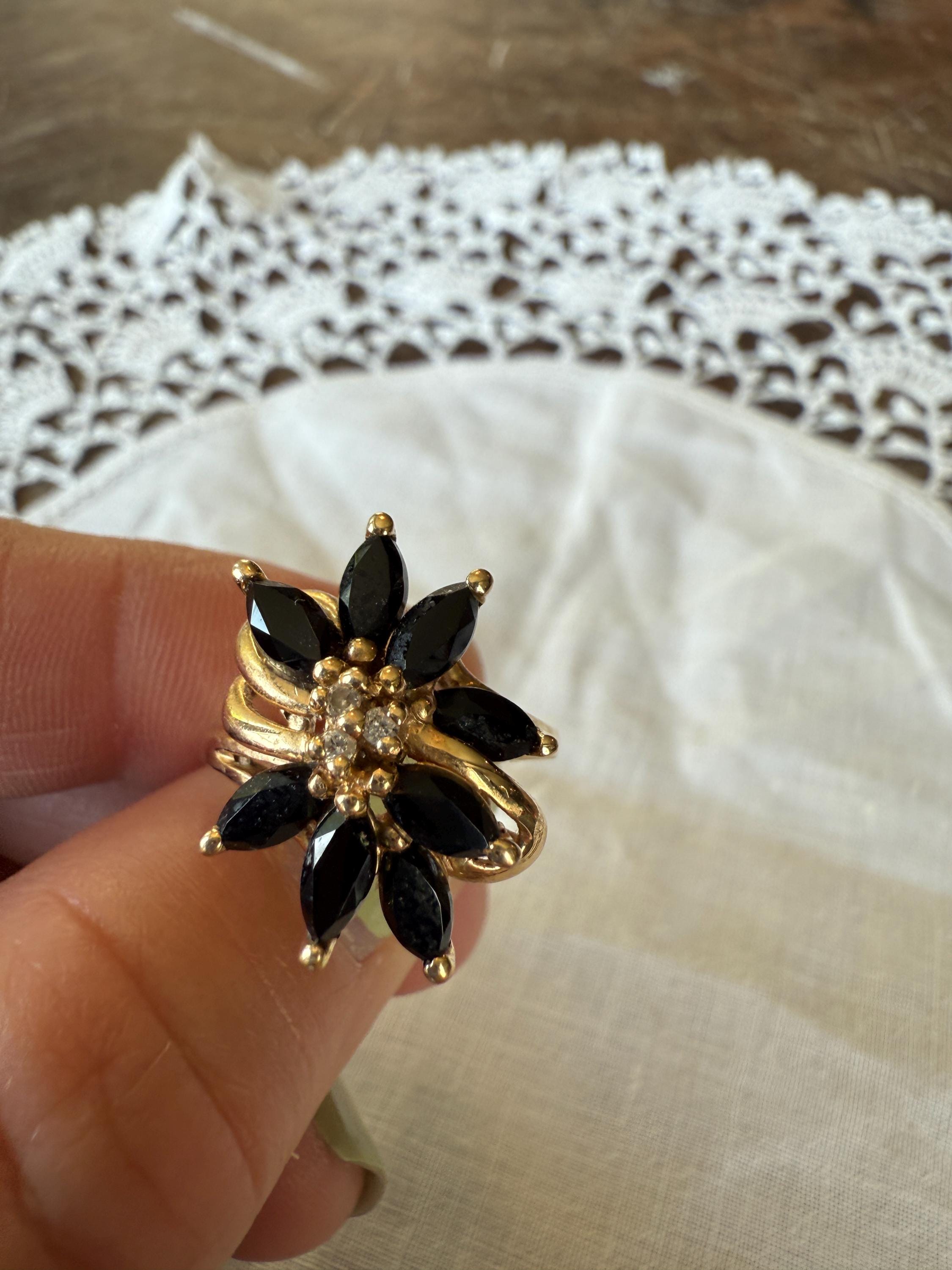 Vintage Black Onyx and Diamond Gold Ring, Cluster of 8 Onyx, 3 Small Diamonds, 14 Karat Gold, Jewelry, 1980s