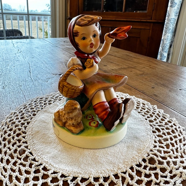 Vintage Goebel Hummel Girl Waving Red Handkerchief, "Auf Wiedersehen Farewell", Lamb, Porcelain Figurine, Final Issue, Germany, 1993