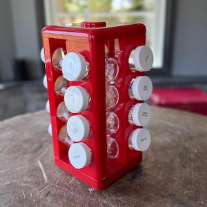 Vintage Red Spice Jars and Rack, MCM, Retro, Spice Set, Red Plastic Spinning Rack, Glass Jars, Vertical, Countertop, Mid Century, 1950s