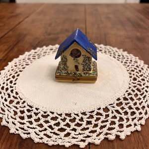 Vintage Birdhouse Limoges , Rochard, Hand painted Porcelain Trinket Box, Bird Painting in Interior, Made in France, 1970s