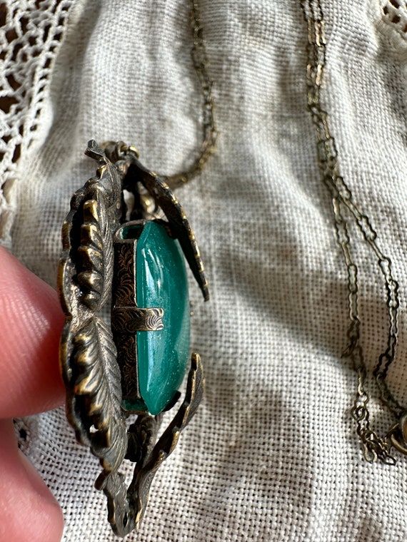 Antique Green Aventurine and Brass Pendant Neckla… - image 4