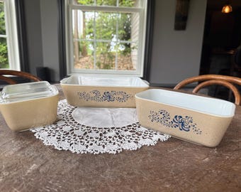 Vintage Pyrex Homestead Refrigerator Dishes, 503-B, 502-B, 501-B w/ Lid (501-C), Tan Speckled w/Blue, Storage, Baking, Made in USA, 1960
