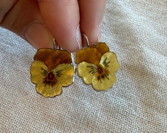 Vintage Enamel Floral Earrings, Pansy, Sterling Silver, Yellow and Brown, Jewelry, 1970s