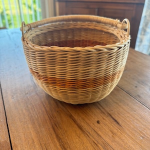 Vintage Woven Wood Wicker Basket, Folding Handle, Woven Design, Orange Stripe Handmade, Nashport, Ohio, 1980s