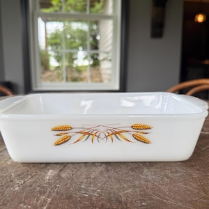 Vintage Fire King Wheat Loaf Pan, Anchor Hocking Glass, 409, 1 Qt, Baking, White, Wheat, Made in USA, 1960s