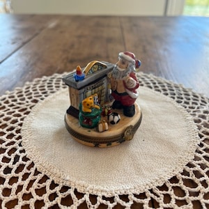 Vintage Limoges, Santa at Fireplace with Toys, Hand painted Porcelain Trinket Box, Santa Painting in Interior, Made in France, 1980s