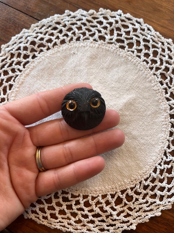 Antique Black Forest Carved Owl Pin, Wooden, Glas… - image 9