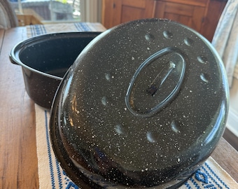 Asador vintage de granito esmaltado, grande, con asa y tapa con asa, década de 1980