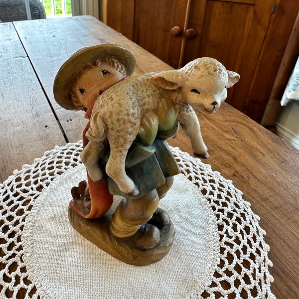 Vintage Anri “The Stray”, Boy Carrying Lamb, Rabbit and Squirrel, Hand-Carved Wood, Made in Italy, 1970s