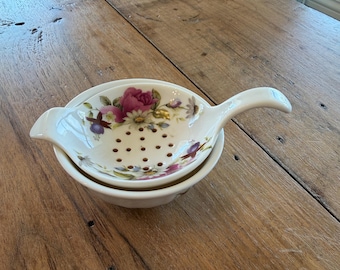 Antique Porcelain Tea Strainer, Allyn Nelson Fine Bone China, Floral Pattern, Tea Strainer and Base, Porcelain, 1980s