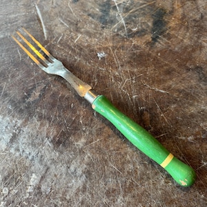 Vintage A&J Green Handle Meat Fork, Serving Fork, Green Wooden Handle, Three Prong Fork, Kitchen Utensil, Made in USA, 1940s