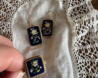 Vintage Carved Enamel Floral Gold Earrings and Ring, 14 Karat Gold, Seed Pearls, Black Enamel, Jewelry Set, 1940s