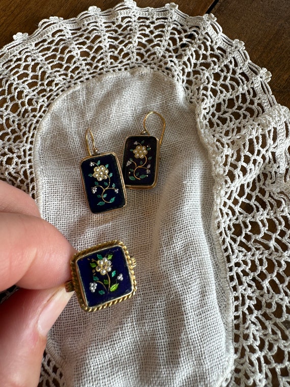 Vintage Carved Enamel Floral Gold Earrings and Rin