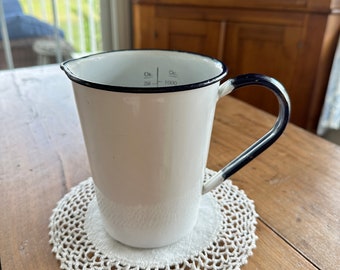 Vintage Enamel Measuring Pitcher, 32oz, White and Navy, Handled, 1950s