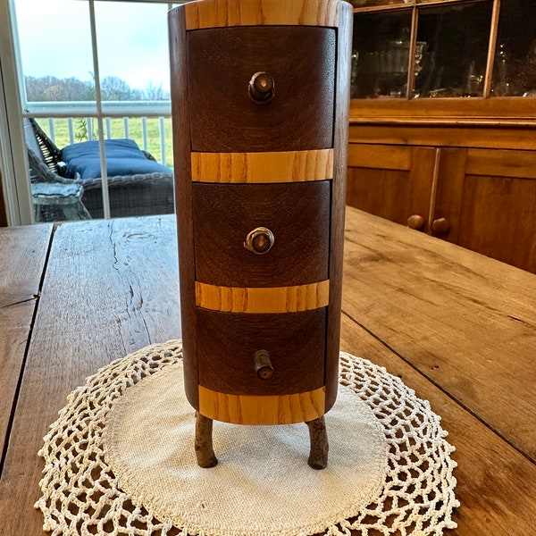 Vintage Wooden Box, Hand Made, Vertical Box, Three Drawers, Ash, Walnut, Maple, Cherry, Trinket Box, 1980s