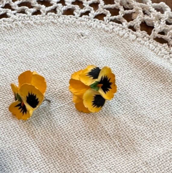 Vintage Yellow Pansy Earrings, Handpainted Resin, 