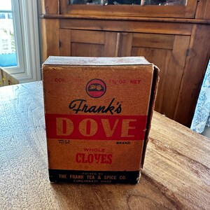 Antike Frank's Dove Gewürzbox, ganze Nelken, The Frank Tea & Spice Co, Cincinnati, OH