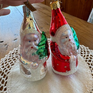 Vintage Santa Claus Glass Christmas Ornaments, Red Santa, Silver Santa, Set of 2, Made in Poland, 1960s