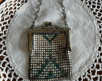 Antique Metal Enameled Purse, Metal Mesh, Enamel, White and Green, Geometric Design, Metal Closure and Strap, 1920s