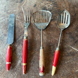 Vintage A&J Red Handle Kitchen Utensils, Serving Spoon, Slotted Spoon, Spatula, Fork, Red Wooden Handle, Sold Individual, Made in USA, 1940s