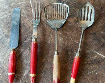 Vintage A&J Red Handle Kitchen Utensils, Serving Spoon, Slotted Spoon, Spatula, Fork, Red Wooden Handle, Sold Individual, Made in USA, 1940s