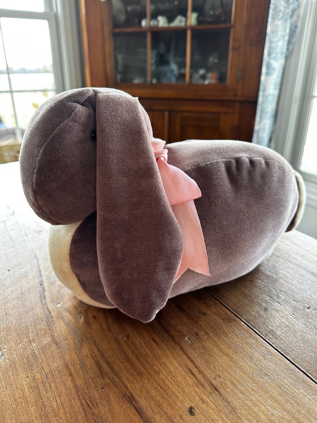 Vintage Stuffed Rabbit, Large, Taupe and White, Pink Ribbon, 1970s - Etsy