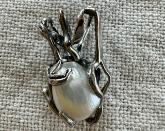 Vintage Avant Garde Pearl and Sterling Silver Pendant, Sterling Silver, Abstract, Jewelry, 1980s