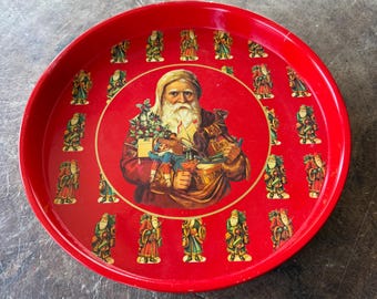 Vintage Christmas Tray, Ole Saint Nick, Santa Claus, Victorian, Round, Hong Kong, 1970s
